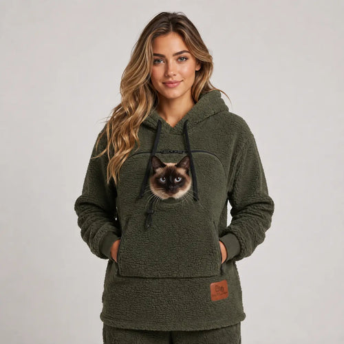CozyPaw hoodie in Olive with a cat in the pouch