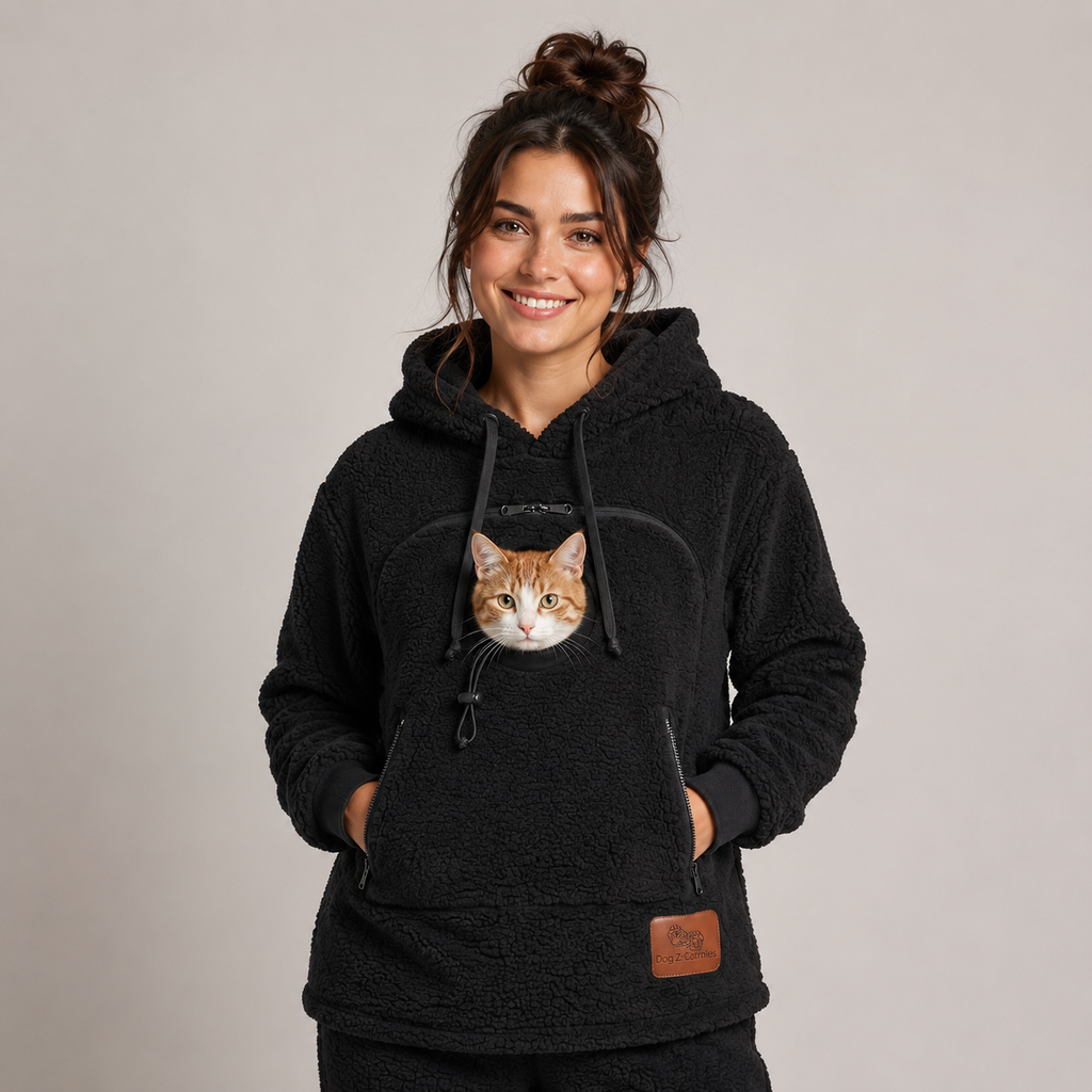 CozyPaw hoodie in Charcoal Black with a cat in the pouch