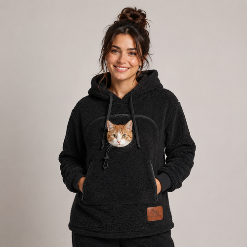 CozyPaw hoodie in Charcoal Black with a cat in the pouch