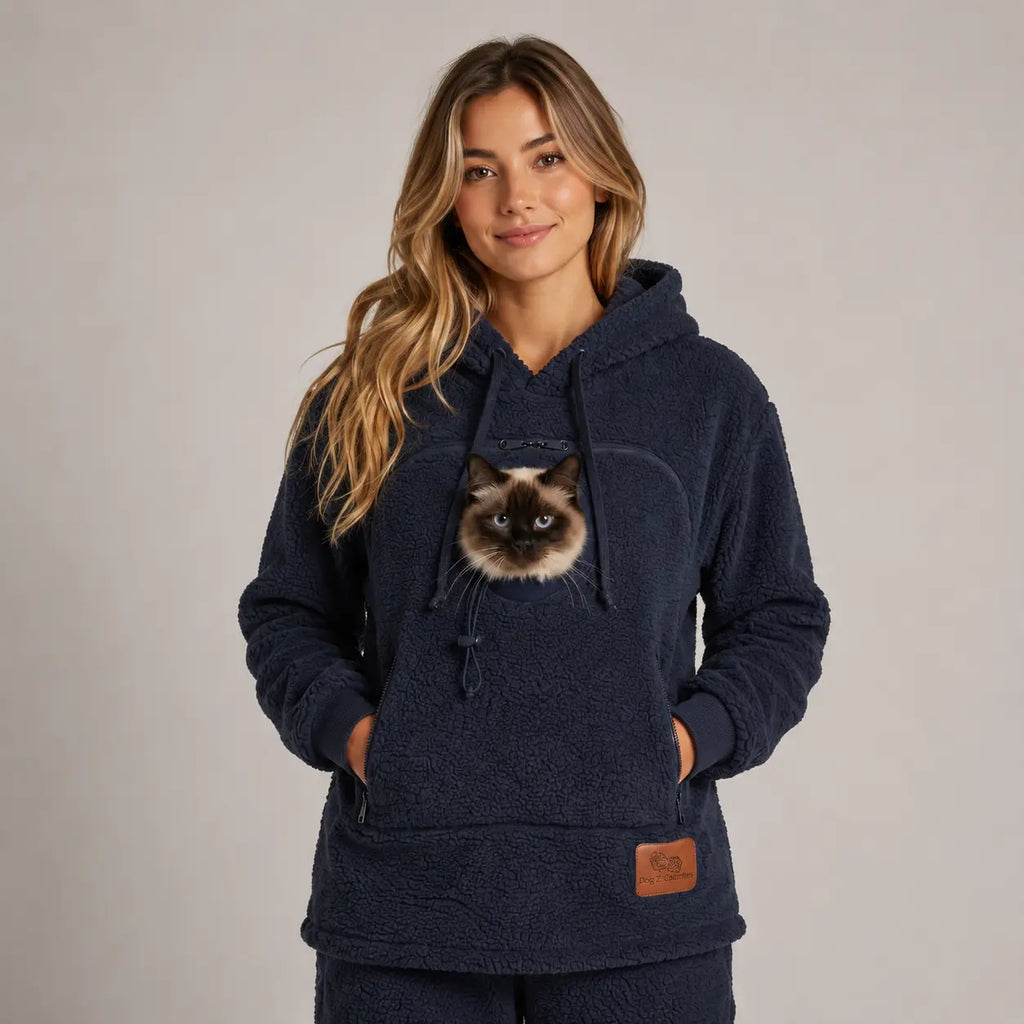 CozyPaw hoodie in Navy with a cat in the pouch