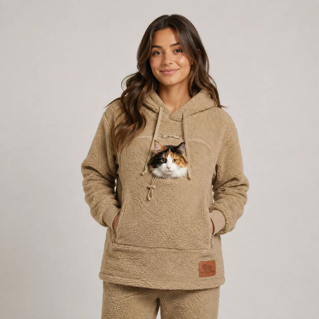 CozyPaw hoodie in Sand Taupe with a cat in the pouch