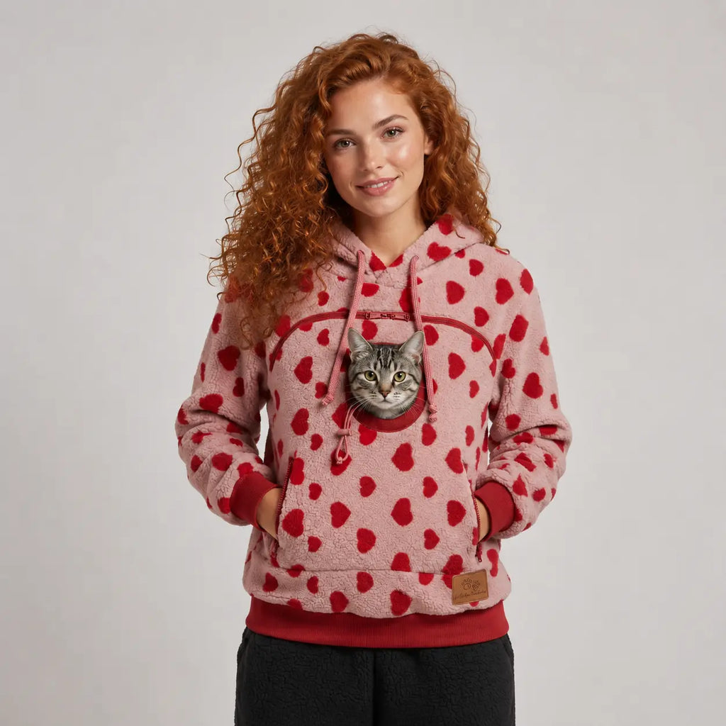 CozyPaw hoodie in Blush Hearts with a cat in the pouch