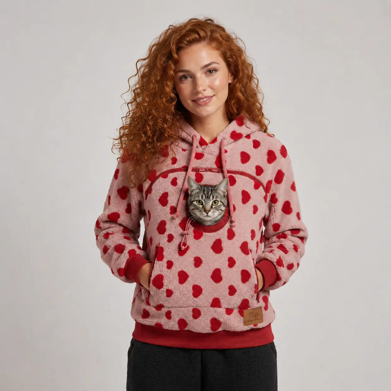 CozyPaw hoodie in Blush Hearts with a cat in the pouch